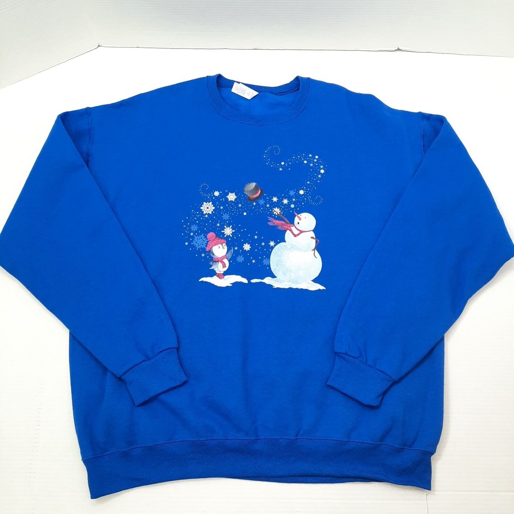 Jerzees Snowman Penguin Sweatshirt Blue Womens XL Grandmacore Holiday Novelty